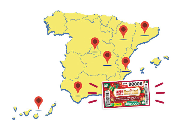 Mapa de España donde se muestran las localidades agraciadas Cataluña, Andalucía, Canarias, Comunidad Valenciana, Madrid, Castilla-La Mancha y Aragón con el Cupón Extra de Navidad de la ONCE de 2024.