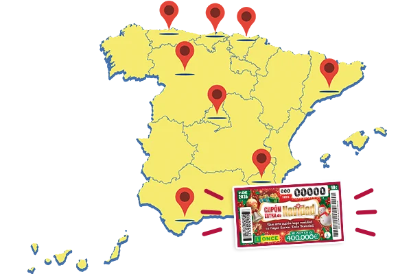 Mapa de España donde se muestran las localidades agraciadas con el Cupón Extra de Navidad de la ONCE de 2026.