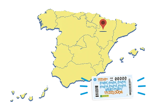 Mapa de España donde se muestra la localidad agraciada con el Cupón Extra Día del Padre de la ONCE de 2026: Zaragoza.