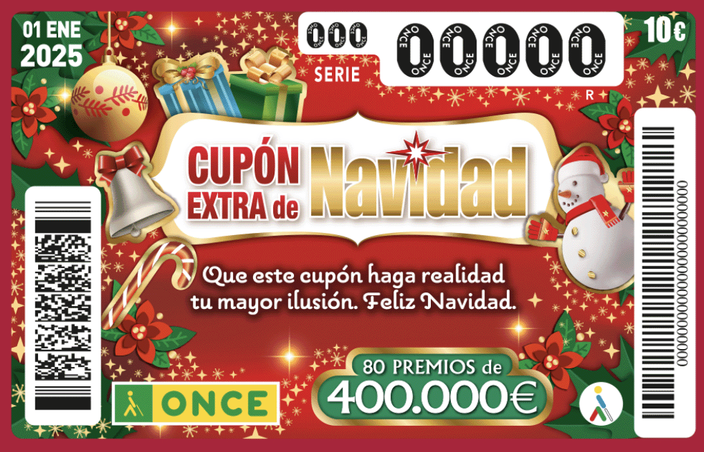 1 enero 2025. Cupón Extra de Navidad. 10 €. 80 premios de 400.000 €.