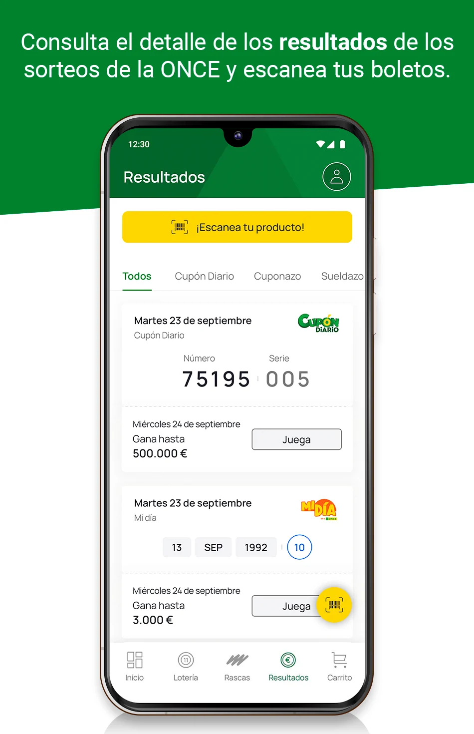 Consulta el detalle de los resultados de los sorteos de la ONCE y escanea tus boletos.