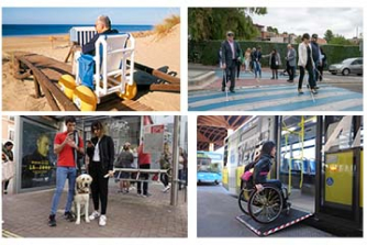 Personas en distintos escenarios: entrando a la playa con una silla de ruedas, cruzando un paso de cebra con un bastón, consultando el móvil en una parada de autobús con un perro guía y subiendo al autobús por la rampa con una silla de ruedas.