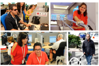 Personas en distintos escenarios: trabajador de Atención al Ciudadano utilizando productos de apoyo, una limpiadora de Ilunion, una persona con movilidad reducida en el entorno laboral y una persona andando con un bastón.