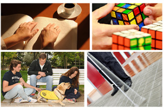 Distintos escenarios: Una persona leyendo en braille, una mano jugando con un cubo de Rubik en braille, varias personas con un perro guía y una persona utilizando un bastón en la calle.