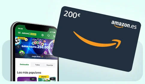 Web de Juegos ONCE en un móvil y una tarjeta regalo de Amazon de 200 €.