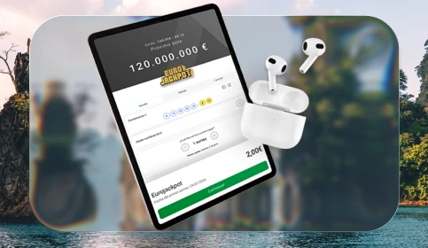 Imagen de fondo de un paisaje de río y en primer plano un iPad y unos AirPods