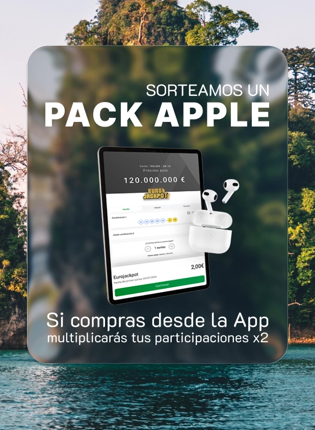 Sorteamos un Pack Apple. Si realizas tus compras de Eurojackpot desde la App, multiplicarás tus participaciones x2.