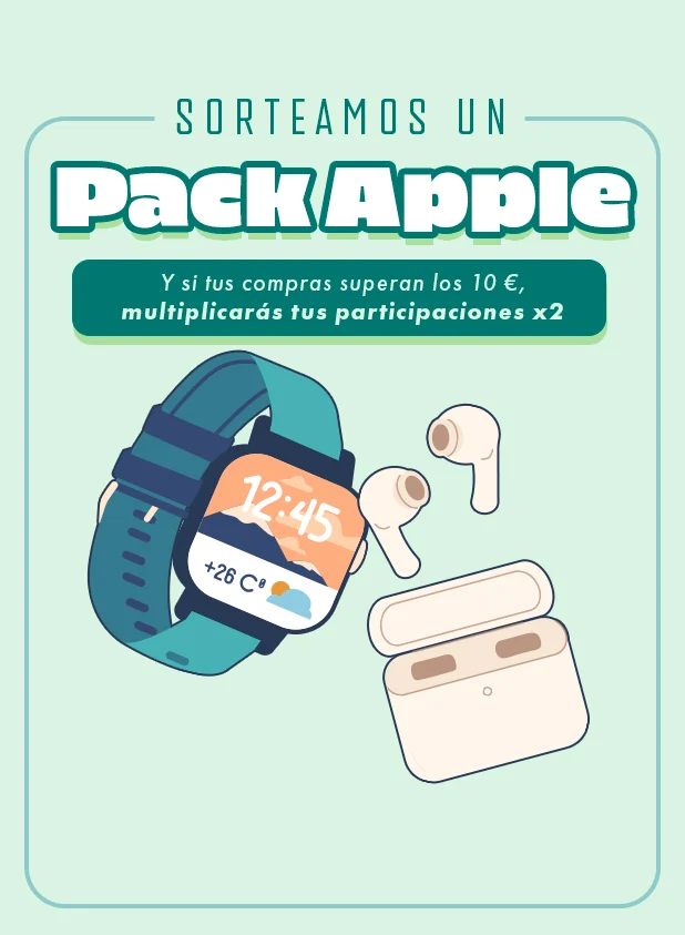 Sorteamos un Pack Apple. Y si tus compras superan los 10 €, multiplicarás tus participaciones x2.