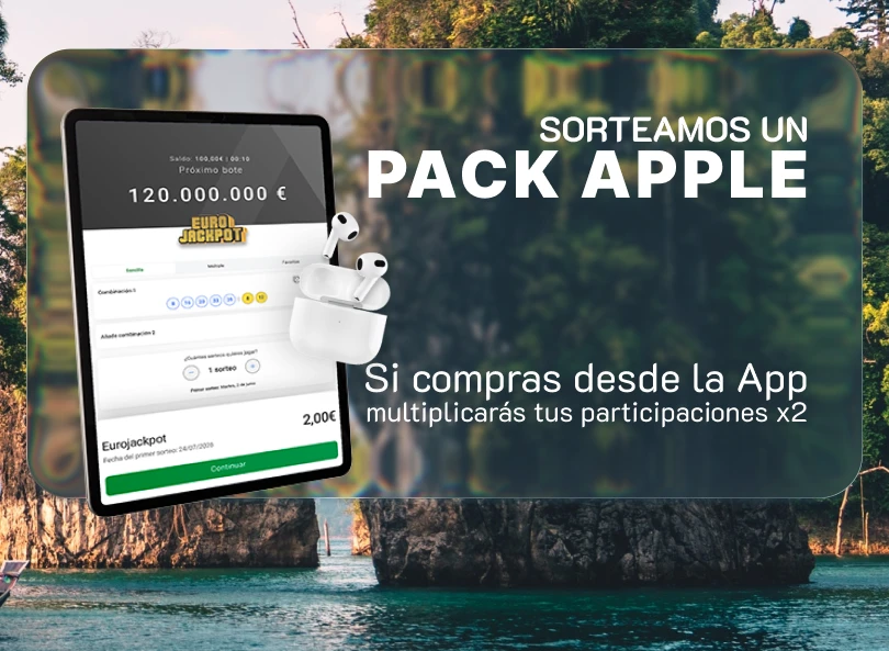 Sorteamos un Pack Apple. Si realizas tus compras de Eurojackpot desde la App, multiplicarás tus participaciones x2.
