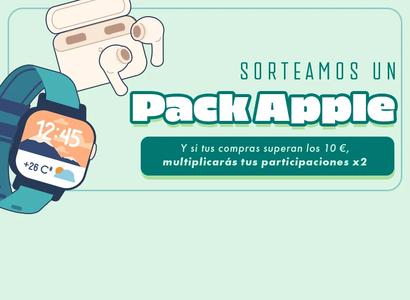 Sorteamos un Pack Apple. Y si tus compras superan los 10 €, multiplicarás tus participaciones x2.