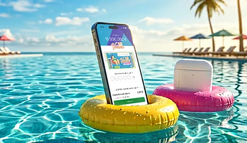 Fondo de piscina, con móvil y AirPods apoyados en un flotador.