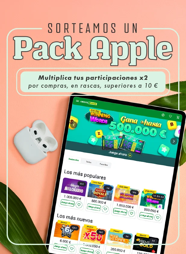 Sorteamos un Pack Apple. Multiplica tus participaciones x2 por compras, en rascas, superiores a 10 €.