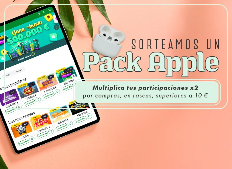 Sorteamos un Pack Apple. Multiplica tus participaciones x2 por compras, en rascas, superiores a 10 €.