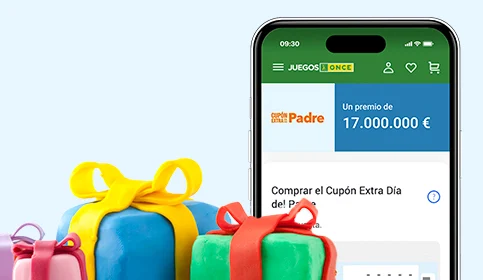 Imagen de un móvil junto a un Cupón Extra Día del Padre de la ONCE.