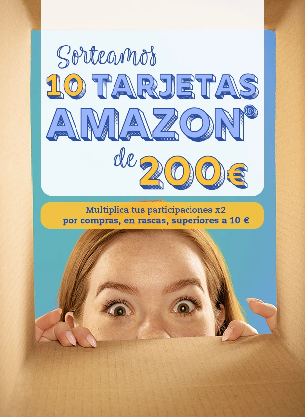 Sorteamos 10 tarjetas regalo Amazon®. Multiplica tus participaciones x2 por compras, en rascas, superiores a 10 €.